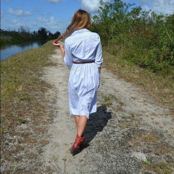 J. Crew White Blue Pinstripe Button Down 3/4 sleeve Shirt Dress size 0 - Picture 7 of 13